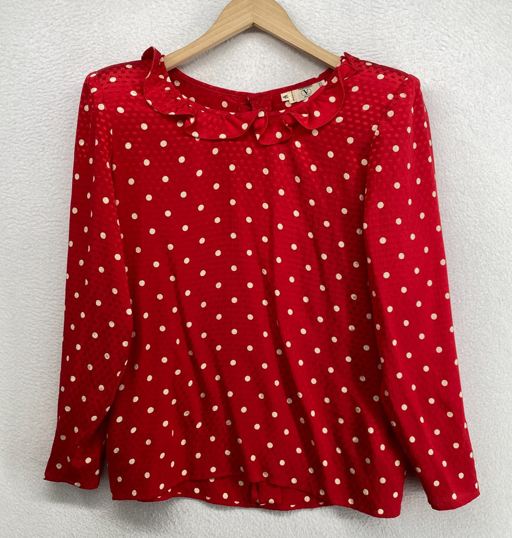 VALENTINO Top 42 8 Silk Jacquard Polka Dot Ruffled Back Button Red VTG 80s Italy